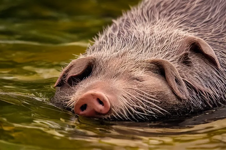 Image similar to a pig sea otter!!! hybrid! hyper realistic!! realistic lighting!! wildlife photographer of the year!!! bold natural colors, national geographic, hd, wide angle, 8 k