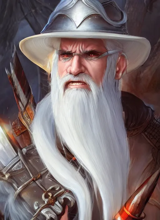 Image similar to man with white hair and white goatee, dndbeyond, bright, colourful, realistic, dnd character portrait, full body, pathfinder, pinterest, art by ralph horsley, dnd, rpg, lotr game design fanart by concept art, behance hd, artstation, deviantart, hdr render in unreal engine 5