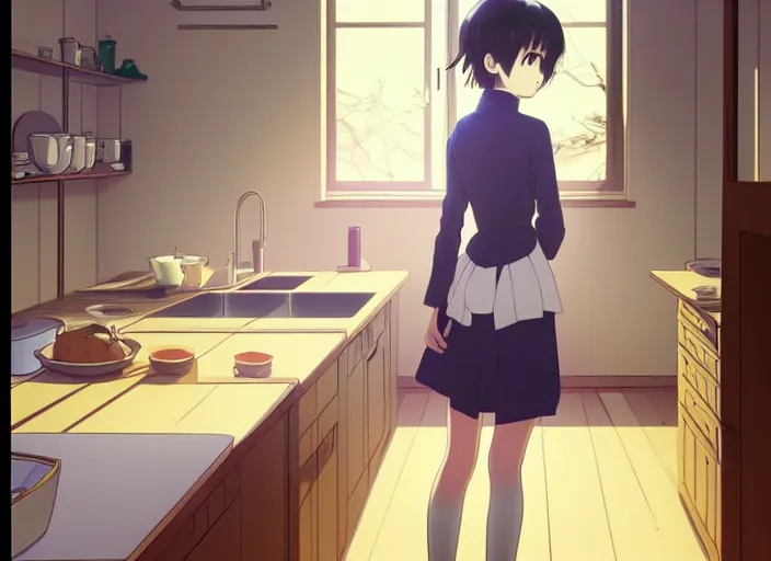 Image similar to anime film visual, full body illustration from across the room a young woman looking in a kitchen cabinet from a distance, cute face by ilya kuvshinov, yoshinari yoh, makoto shinkai, katsura masakazu, dynamic perspective pose, detailed facial features, kyoani, rounded eyes, crisp and sharp, cel shad, anime poster, ambient light,