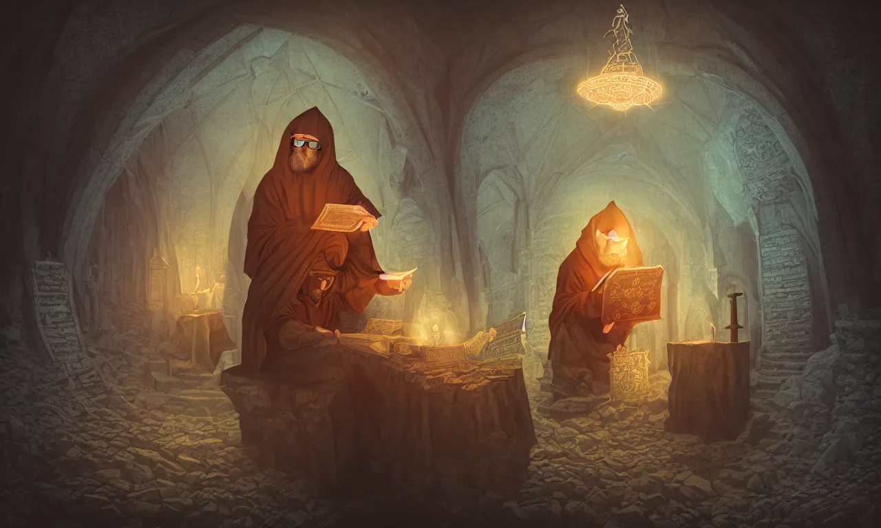 Prompt: monastery, kerberos realm, service ticket close up, wizard reading a directory, nordic pastel colors, abandoned railroad, 3 d art, digital illustration, perfect lighting