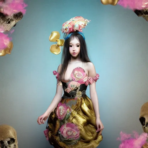 Image similar to 8 k, octane render, realism, tonalism, renaissance, rococo, baroque, portrait asian of a young lady wearing long harajuku manga dress with flowers and skulls, cotton candy!! ( background chaotic gold leaf flowers ) bikini