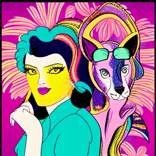 Prompt: Lisa Frank and Patrick Nagel collaboration