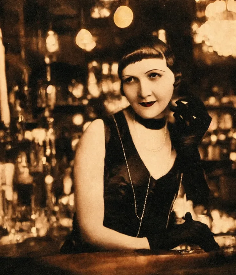 Prompt: close - up antique grainy colored photo of a 1 9 2 0 s short - haired flapper woman in black satin gloves sitting at a table and smirking seductively at the camera, in a crowded dimly lit speakeasy bar, jazz age, cohesive, 5 0 mm photography, precise, cinematic, low - lighting, photography