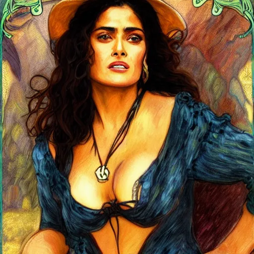 Image similar to salma hayek in wild wild west, portrait, mucha style