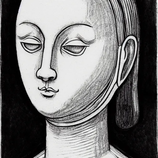 Image similar to an ink drawing of da vinci style white tragedy mask, intimidating glare