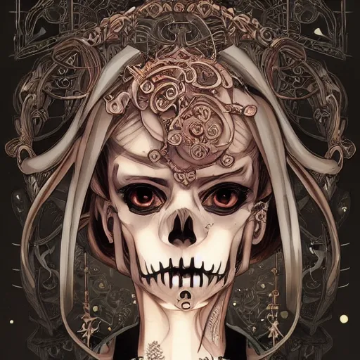 Prompt: anime manga skull portrait young woman skeleton, halo, cerub, religious, intricate, elegant, highly detailed, digital art, ffffound, art by JC Leyendecker and sachin teng