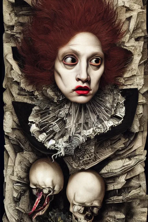 Prompt: Detailed maximalist portrait with large lips and with large white eyes, angry, exasperated expression, skeletal, HD mixed media, 3D collage, highly detailed and intricate, surreal illustration in the style of Caravaggio, dark art, baroque