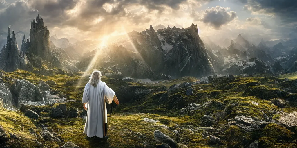 Image similar to a beautiful wide shot of donald trump in gandalf's robes facing the camera, the panorama of middle earth in the background, intricate detail, god rays, photography, volumetric light, cinematic, 8 k