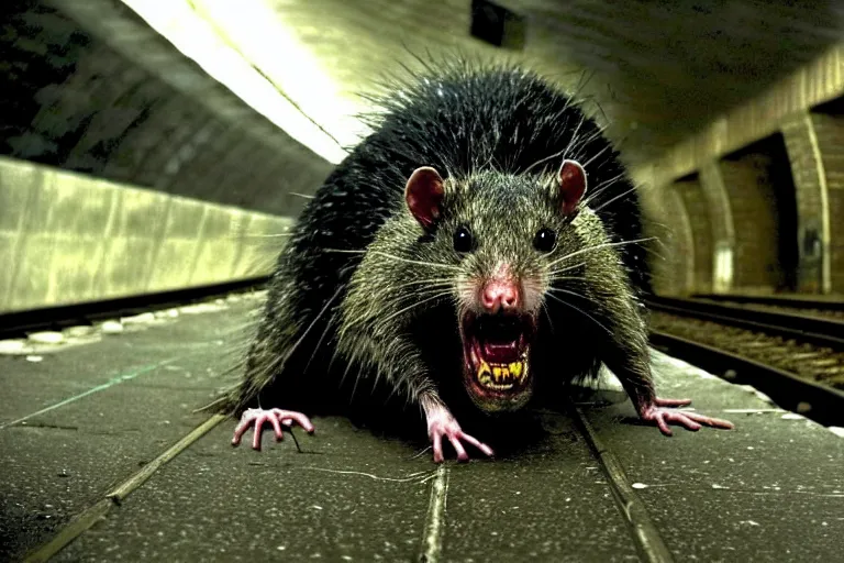 Image similar to very large giant mutant zombie irradiated ( angry rat ) staying on railways in tonnel of moscow subway. tonnel, railways, giant angry rat, furr, fangs, claws, very realistic. fog, extreme long shot, herman nitsch, giger.