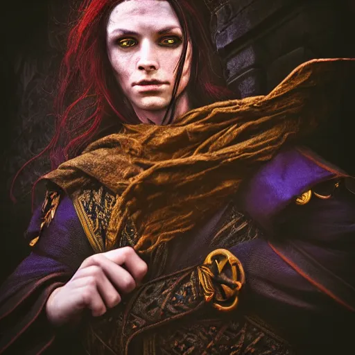 Prompt: portrait of a human warlock ,fantasy, D&D, HDR, , natural light, medium close shot, dynamic pose, award winning photograph, Mucha style