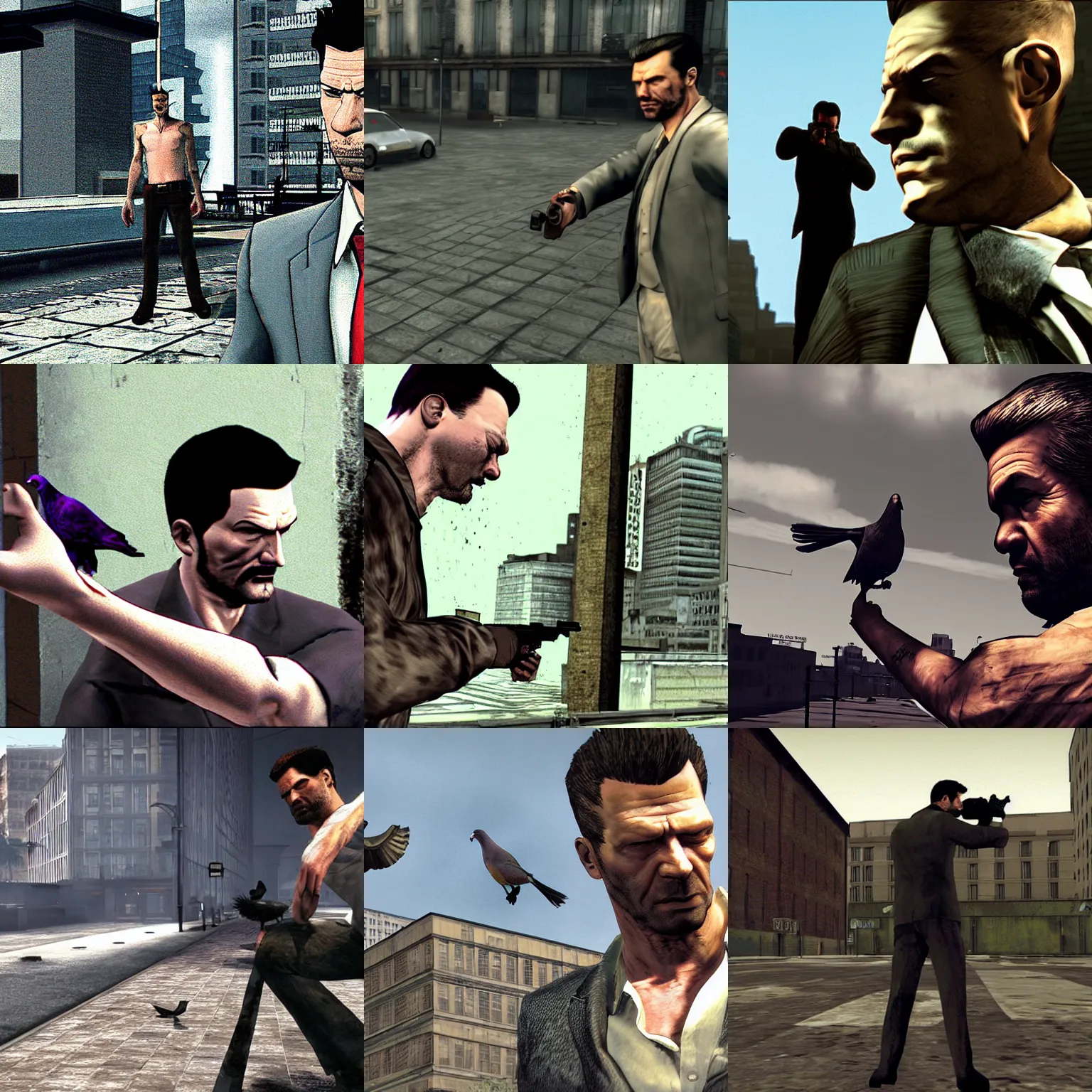 Prompt: Max Payne facing at a massive pigeon.
