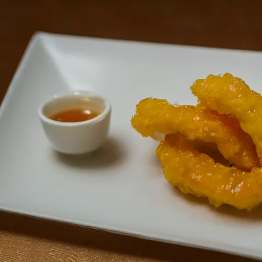 Prompt: Japanese Tempura set but made of gold, 100mm food photography