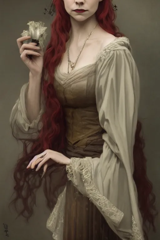 Prompt: a portrait of an elegant beautiful dark bohemian vampire woman, smooth face, glamour shot, bored, illustration, dramatic lighting, soft details, painting oil on canvas, art nouveau, octane render, HDR, 4k, 8k, HD, (Natalie Dormer) by Edmund Blair Leighton, Brom, Charlie Bowater, trending on artstation,