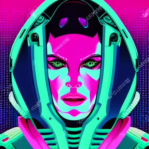 Image similar to a portrait of a beautiful cyborg, in retro colors, synthwave style, 2 d digital vector art