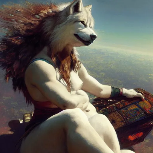 Image similar to an huge, attractive white female anthro wolf giantess trying to sit at a normal coffee table, female fursona, 4 k, trending on artstation, by gaston bussiere, craig mullins, artgerm, greg rutkowski, alphonse mucha