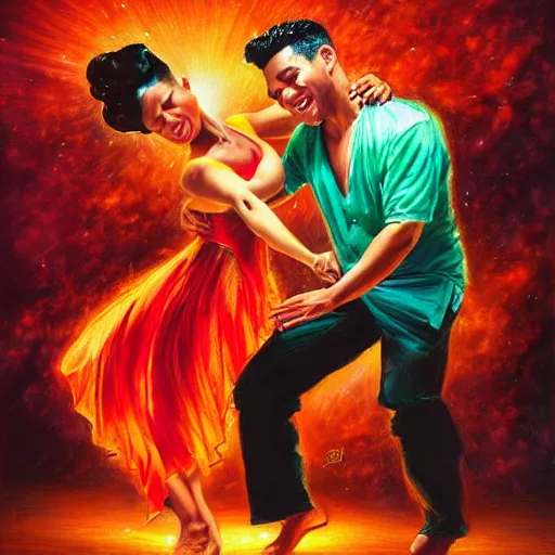 Image similar to semi realistic portrait of The sun is exploding while Latino Cubans Dancers Salsa Dancing by Stanley Artgerm Lau, sun exploding on the background, Gesture draw, Salsa Social Dance, couple, Salsa tricks, explosive background, WLOP, Rossdraws, Gesture draw, James Jean, Andrei Riabovitchev, Marc Simonetti, and Sakimichan, trending on artstation