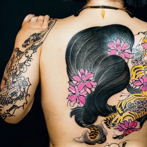 Prompt: photography of the back of a woman with a black detailed irezumi tatto representing a big gold tiger with pink flowers on her entire back, dark hangar background, mid-shot, editorial photography