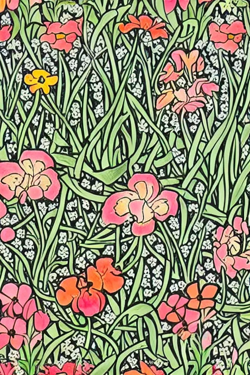 Image similar to spring flowers, happy and beautiful, by jacdraws and william morris