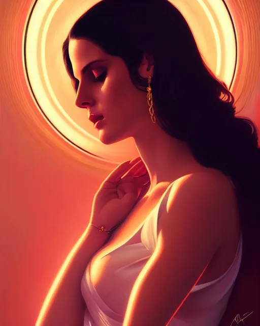 Image similar to symmetry portrait of lana del rey, glam, deco, glowing lights intricate, elegant, highly detailed, digital painting, artstation, concept art, smooth, sharp focus, illustration, art by artgerm and greg rutkowski and fra angelico and alphonse mucha