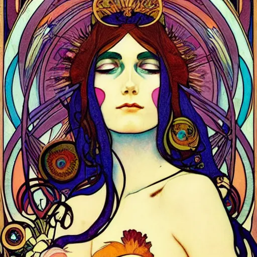 Image similar to The Goddess of Creation, beautiful eyes, symmetrical face, paint, ink, palettes, spectrum, in the style of Joshua Middleton, Mucha, Kandinsky