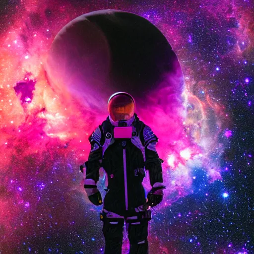 Prompt: modern double exposure monochrome spacesuit over a brilliant iridescent nebula. orange, pink, purple color ombre.