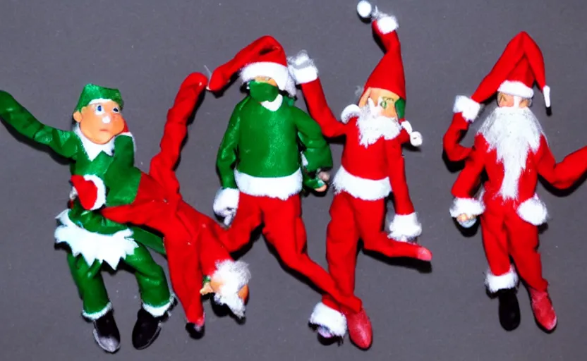 Prompt: footage of a group of Christmas elves in a hip hop group, claymation