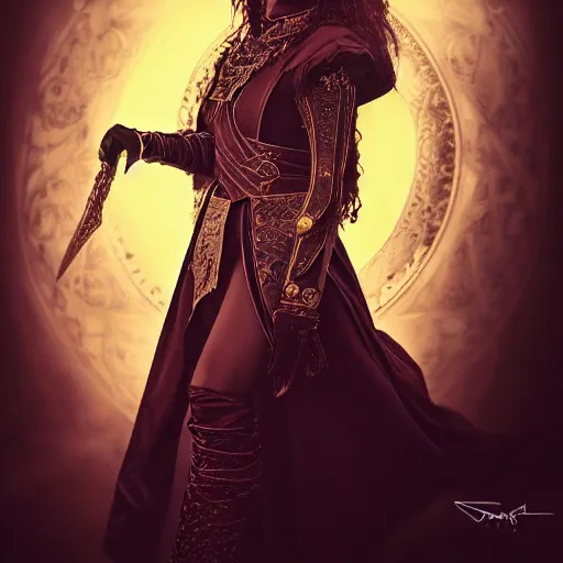 Image similar to portrait of a female human warlock ,fantasy, D&D, HDR, , natural light, medium close shot, dynamic pose, award winning photograph, Mucha style