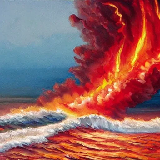 Prompt: Beautiful oil painting. Fire tornado in the open ocean. Raging sea. Catastrophe. Small sailboat. Crimson tones, Scarlet tones.