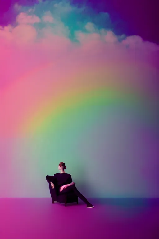 Image similar to high quality pastel coloured film photograph of a model wearing black clothing resting on cloud furniture clouds in a haze filled dreamstate world. three point light, rainbow. photographic production. art directed. pastel colours. volumetric clouds. pastel gradient overlay. waves glitch artefacts. 8 k. filmic.