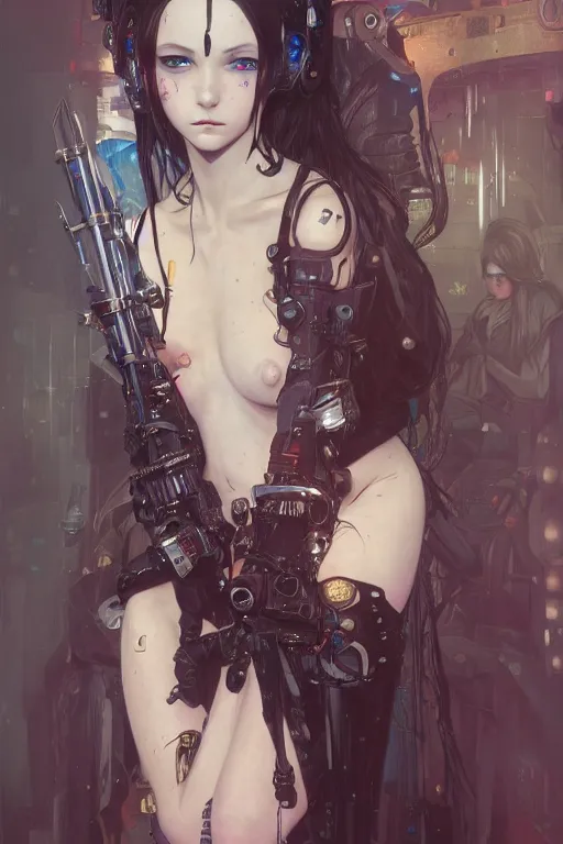 Image similar to portrait of beautiful young gothic maiden, cyberpunk, Warhammer, highly detailed, artstation, illustration, art by Gustav Klimt and Range Murata and Ilya Kuvshinov