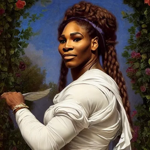 Image similar to Full body Portrait of Serena Williams as Nike Goddess, large wings, luxuriant, dreamy, eternity, romantic, strong pose, highly detailed, in the style of Franz Xaver Winterhalter, highly detailed, in the style of Aetherpunk