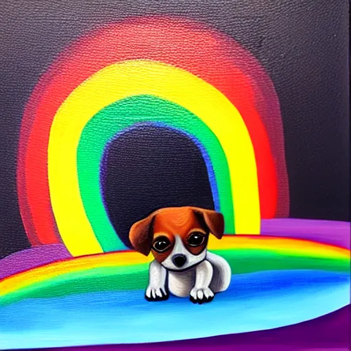 Image similar to a little dog going on a rainbow, oil painting, post modern, hyperrealism