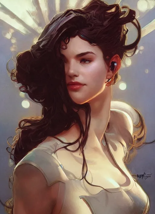 Image similar to a young woman. she is dressed as a superhero. clean elegant painting, beautiful detailed face. by artgerm and greg rutkowski and alphonse mucha