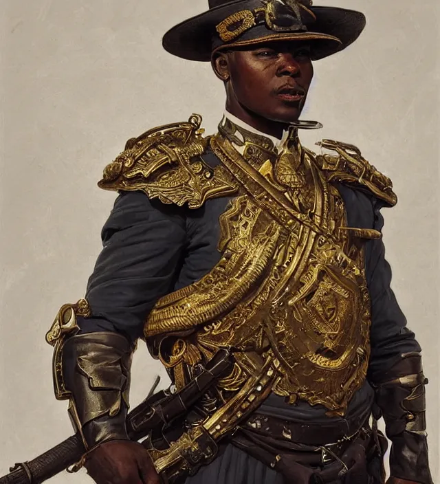 Prompt: portrait of an south african man wearing a traditional nineteenth century south african empire military uniform, metal shoulder pauldrons, intricate, highly detailed, digital painting, artstation, concept art, sharp focus, cinematic lighting, illustration, art by artgerm and greg rutkowski, alphonse mucha, cgsociety