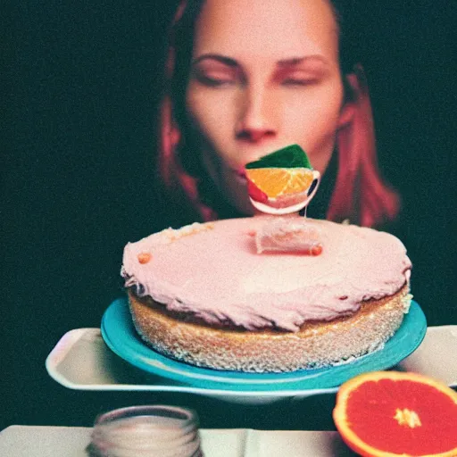 Image similar to woman eating orange cake, color film photography, 5 0 mm film