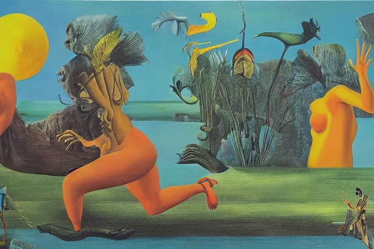 Prompt: summer is winding down waiting for autumn a surreal painting in the style of max ernst and salvador dali