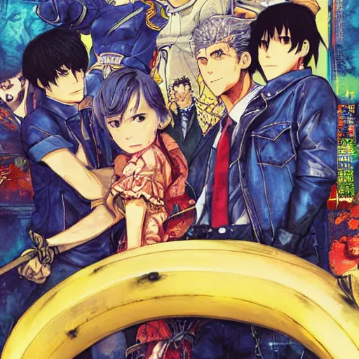 Image similar to The Banana Blue Gang, anime poster printed, Artwork by Akihiko Yoshida, cinematic composition