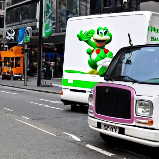 Image similar to yoshi running from van on city streets