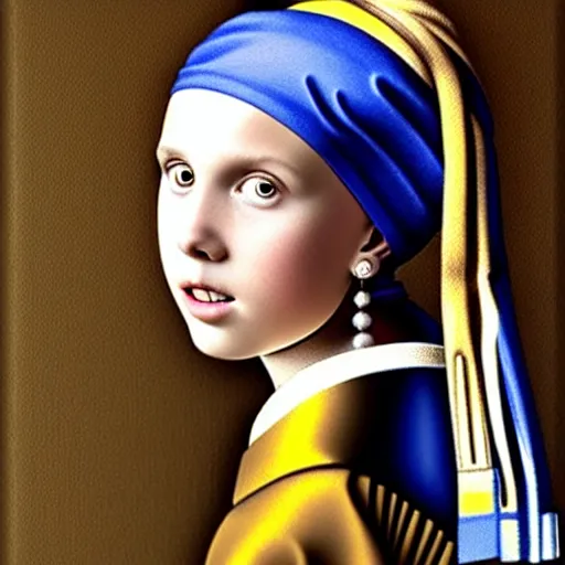 Image similar to Millie Bobby Brown with a pearl earring by Johannes Vermeer