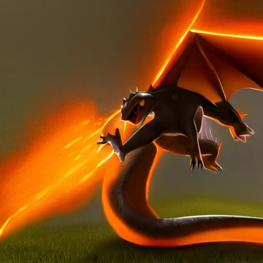 Image similar to photorealistic charizard from pokemon, realism, realistic, 8 k, sharp focus, volumetric light