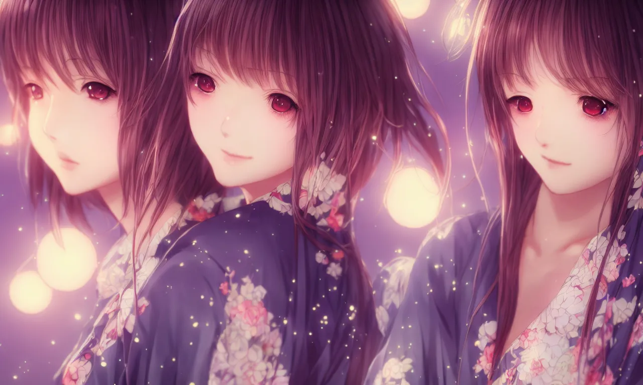 Prompt: portrait three beautiful anime girls wear coctail kimono closeup | | sunny night, full moon, dreamlike art, realistic shaded, smile, good looking, hyper details, 4 k realistic, cryengine, realistic shaded lighting poster by artgerm, ross tran, fuji choko, 8 k resolution, trending on artstation, luxury