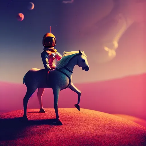 Image similar to photography of anthropomorphic horse riding on top of an astronaut back. from western by hiroyuki okiura and katsuhiro otomo and alejandro hodorovski style with many details by mike winkelmann and vincent di fate in sci - fi style. volumetric natural light photo on dsmc 3 system,