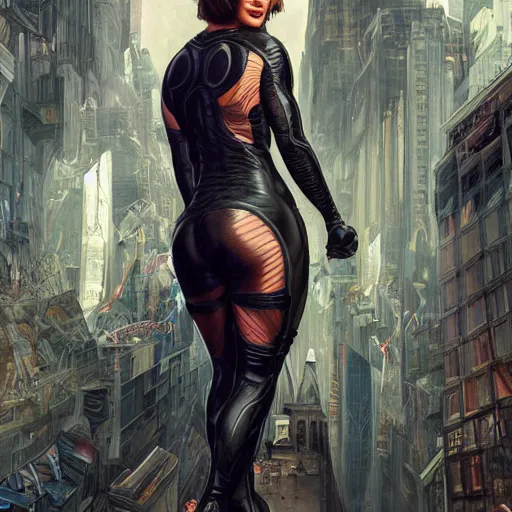 Image similar to full figure ultra realistic illustration, olivia wilde as an older and rugged catwoman, terraformed new york city, post - apocalyptic, intricate, elegant, highly detailed, digital painting, artstation, concept art, smooth, sharp focus, illustration, art by artgerm and greg rutkowski and alphonse mucha