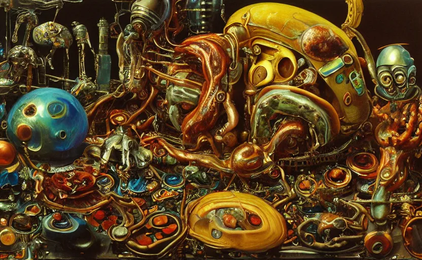 Prompt: strange intricate futuristic robot body, disturbing colorful oil painting dutch golden age vanitas still life sparse composition with bizarre detailed objects strange gooey transparent surfaces shiny metal reflections bizarre mutant meat insects rachel ruysch dali todd schorr very detailed perfect composition rule of thirds masterpiece canon 5 0 mm, cinematic lighting, photography, retro, film, kodachrome