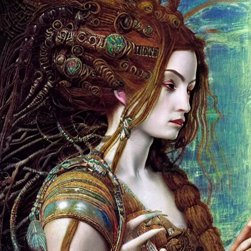 Prompt: intricate detail, hyper detail, lady of elche techno mystic princess intergalactica, ashteroth, with aqua neon rapunzel dreadlocks, detailed, by sandro botticelli, gaston bussiere, h. r. giger, masterpiece, sharp focus,