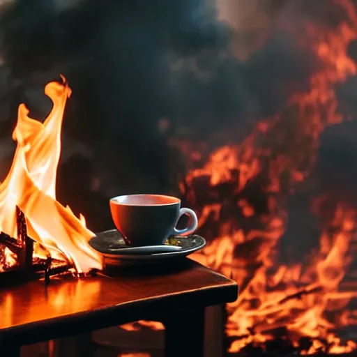 Prompt: a photograph of a big fire on a dining room on fire, only remains a wooden table and a chair, an human-like relaxed dog sitting at this table, ☕ on the table, surrounded by flames, a lot of flames behind the dog, black smoke instead of the ceiling