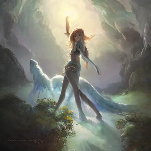 Image similar to beautiful fantasy, etherial, misty, glowing by gustave courbet and rossdraws and nasreddine dinet