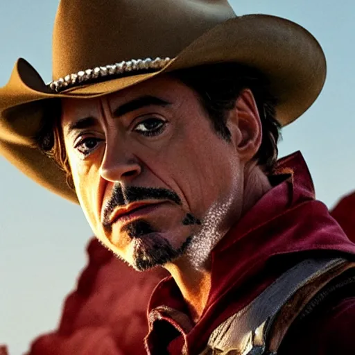 Prompt: robert downey jr as cowboy, an film still, cinematic