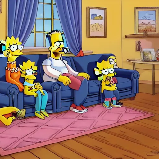 Image similar to Simpsons family sitting on the couch watching TV , Stanley artgerm lau, dynamic lighting, stunning visuals, creative, trending on art station -150