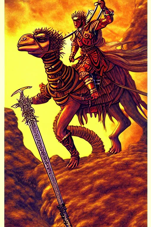 Prompt: illustration of warrior with a flaming sword riding a camel, praise the sun, in the style of moebius, ayami kojima, 1 9 9 0's anime, retro fantasy